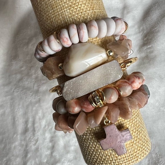 Pink Zebra Druzy Cross 5 Mala Bracelet Stack Set - Picture 5 of 6